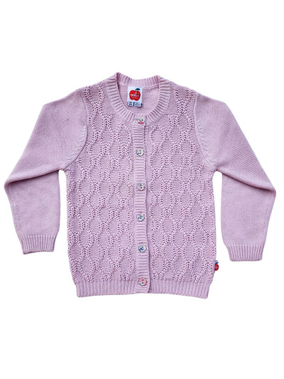 A pink knitted children's Audrina Winsome Orchid Cardigan with lace patterns and button closures, displayed on a white background.