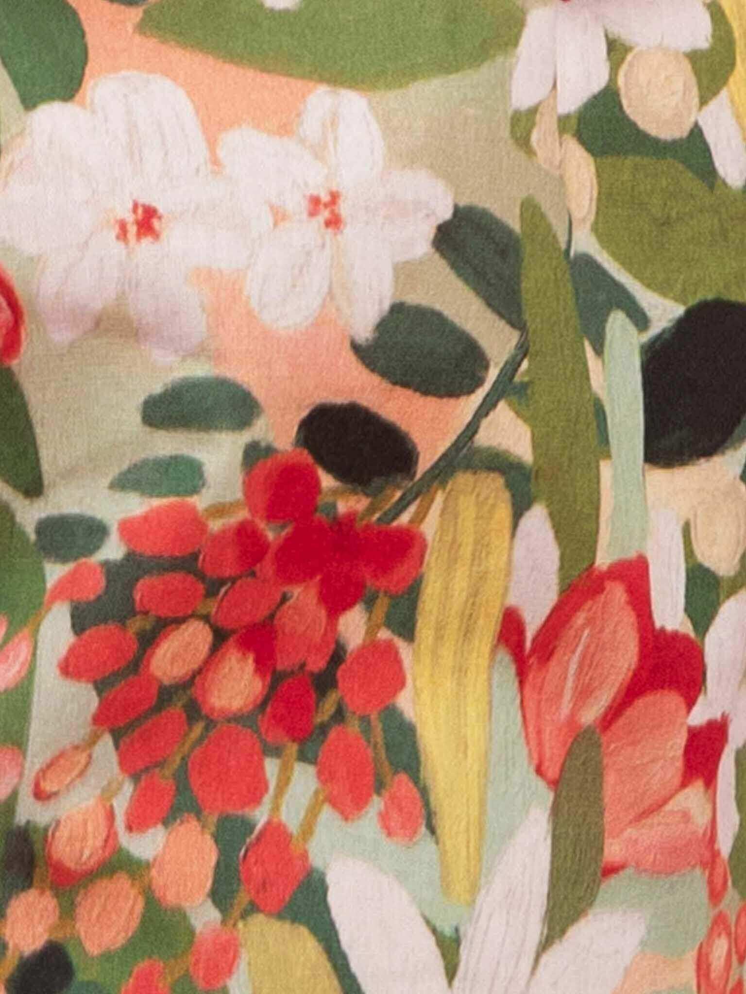 Close-up of a colorful floral pattern with red, white, and green flowers.