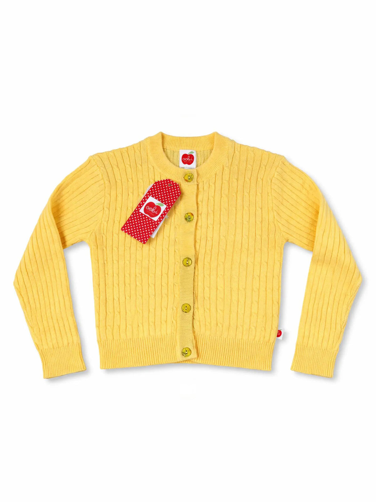 Yellow cardigan with a red tag on a white background