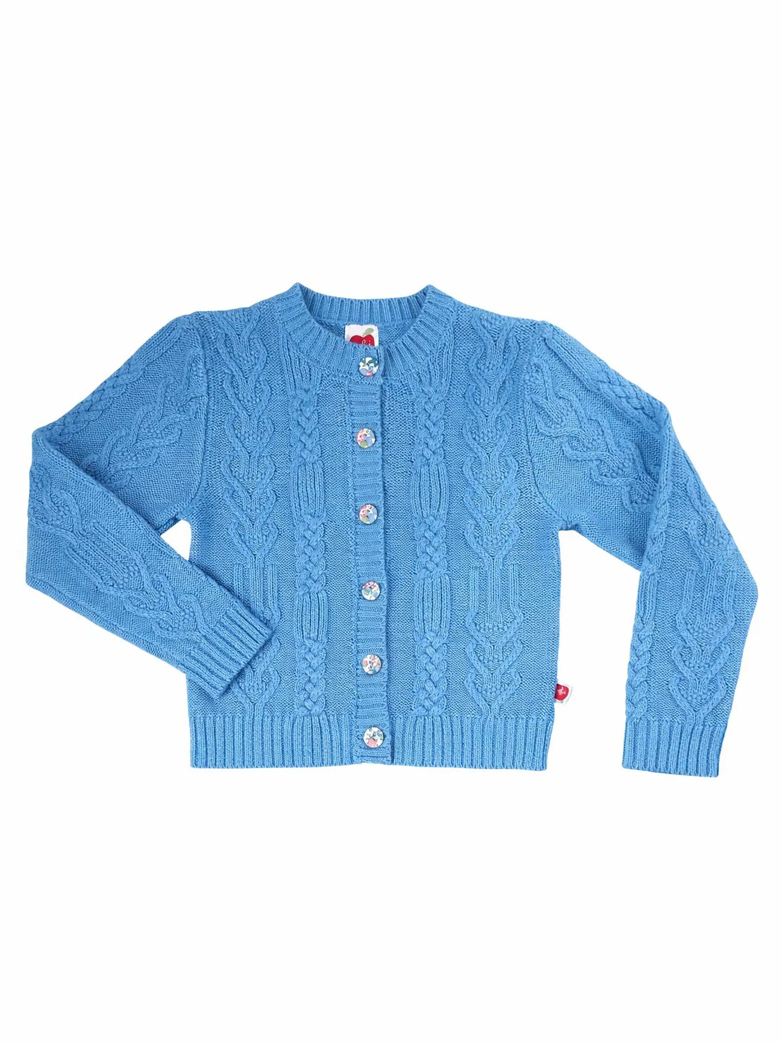 Blue cable knit cardigan on a white background