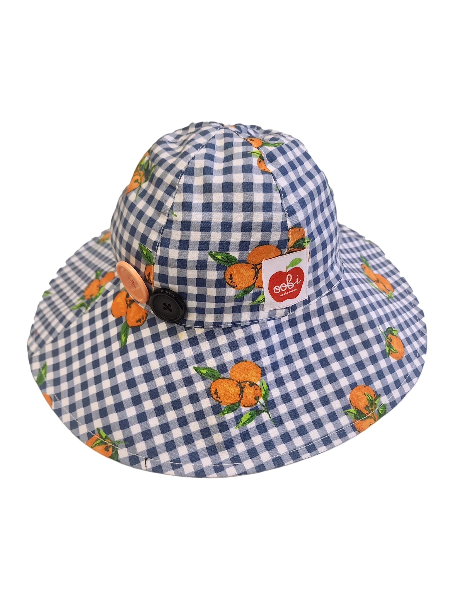 Blue and white checkered bucket hat with orange floral patterns on a white background