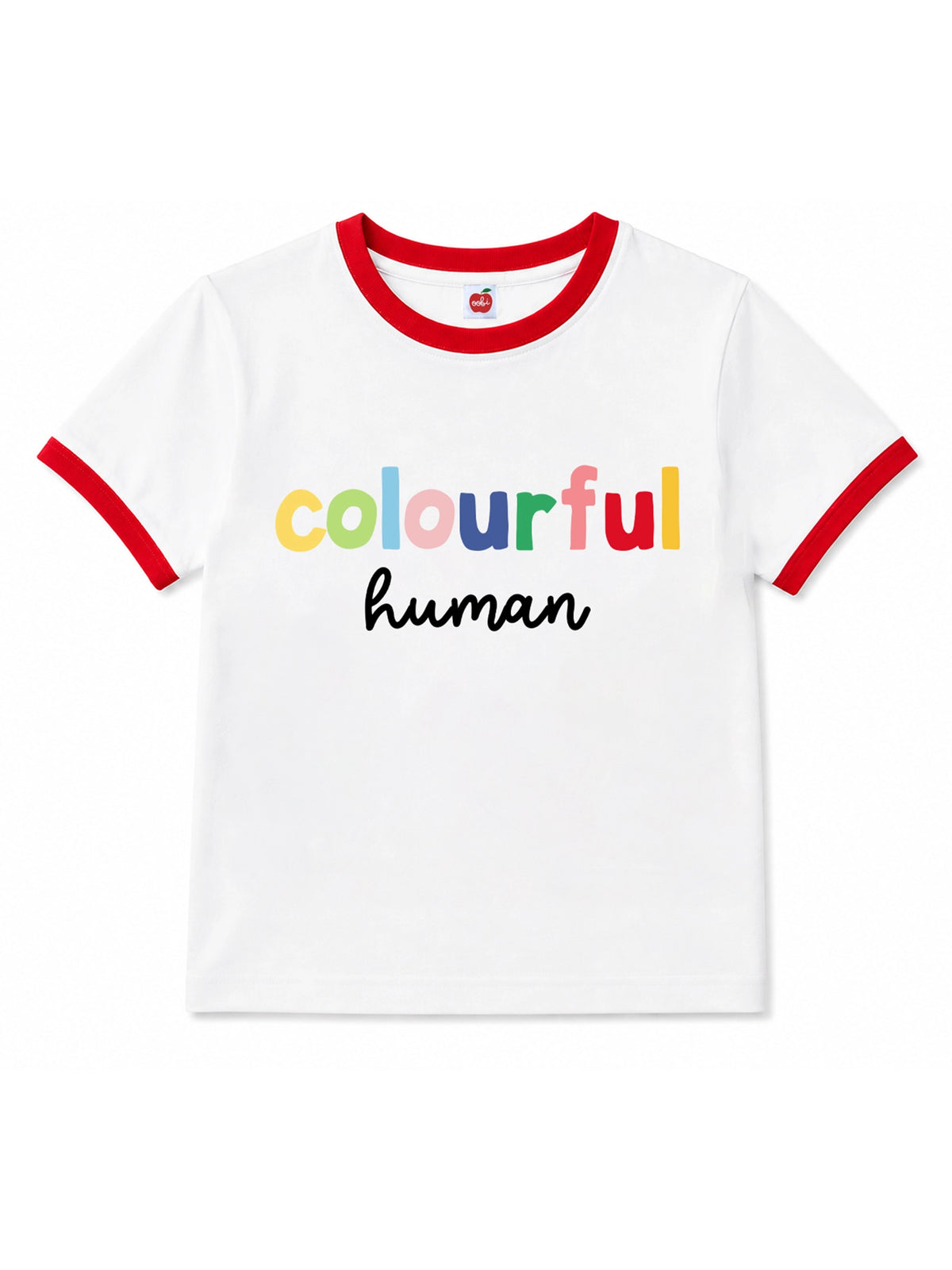 A white ringer t-shirt with red trim on the collar and sleeve cuffs, featuring the text 'colourful human' printed on the chest. The word 'colourful' is written in a playful multicolor font, and 'human' is in black cursive script.