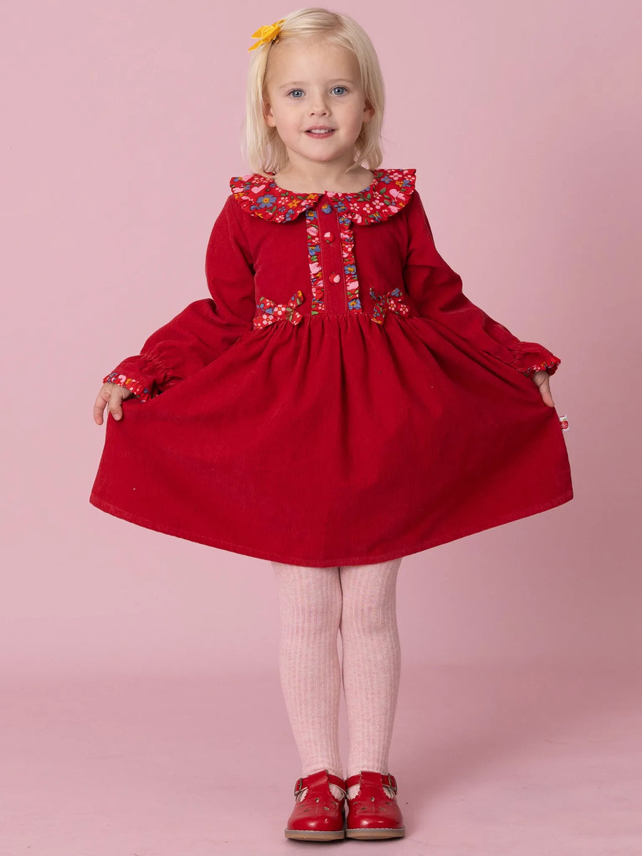 Raspberry Corduroy Dress with Fabric Collar