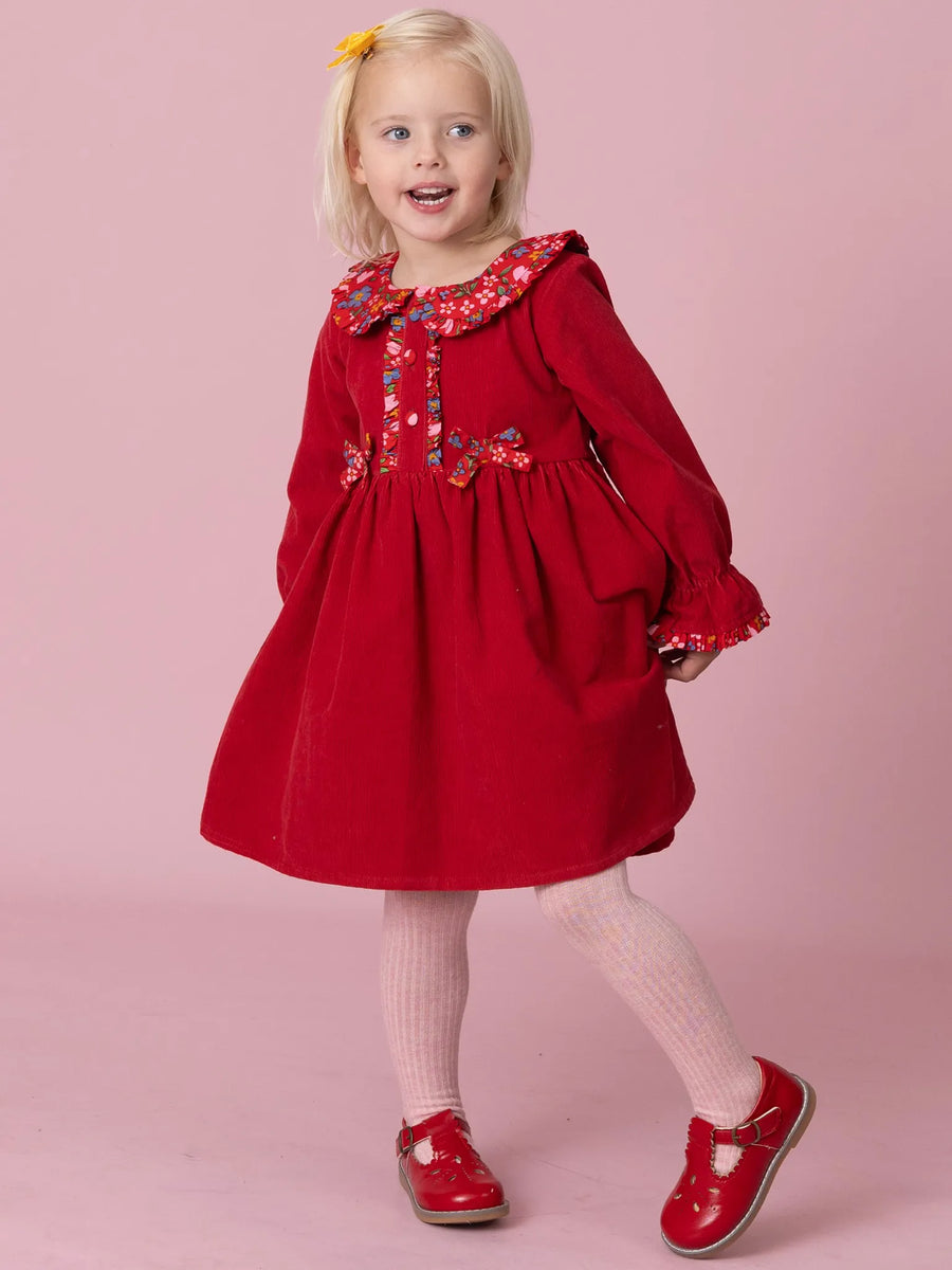 Raspberry Corduroy Dress with Fabric Collar