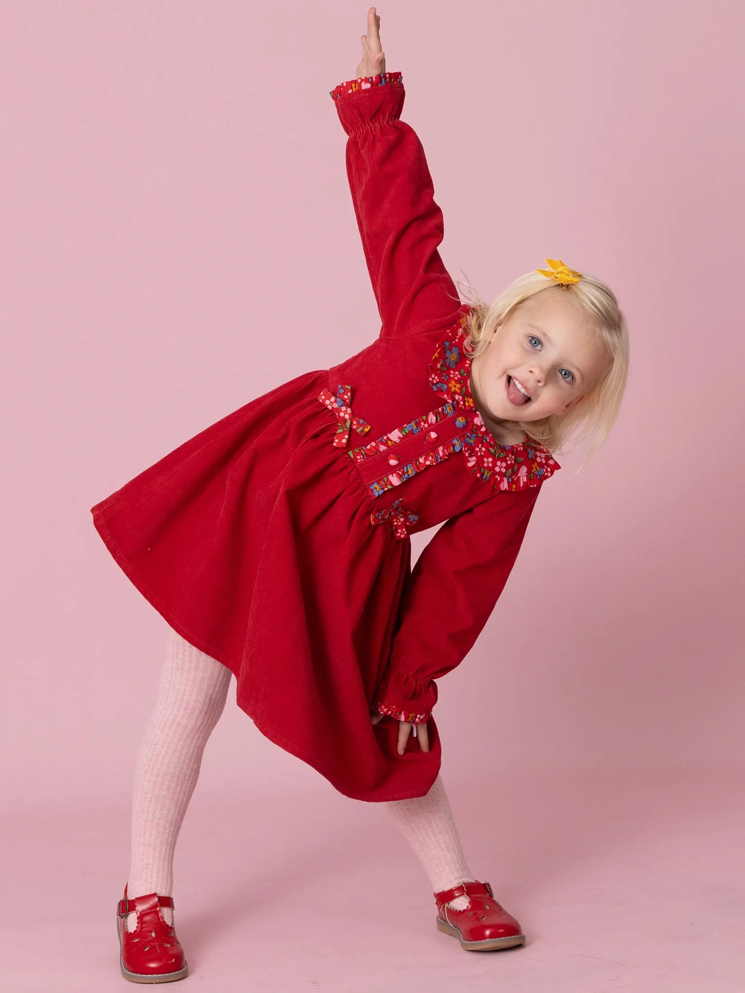 Raspberry Corduroy Dress with Fabric Collar
