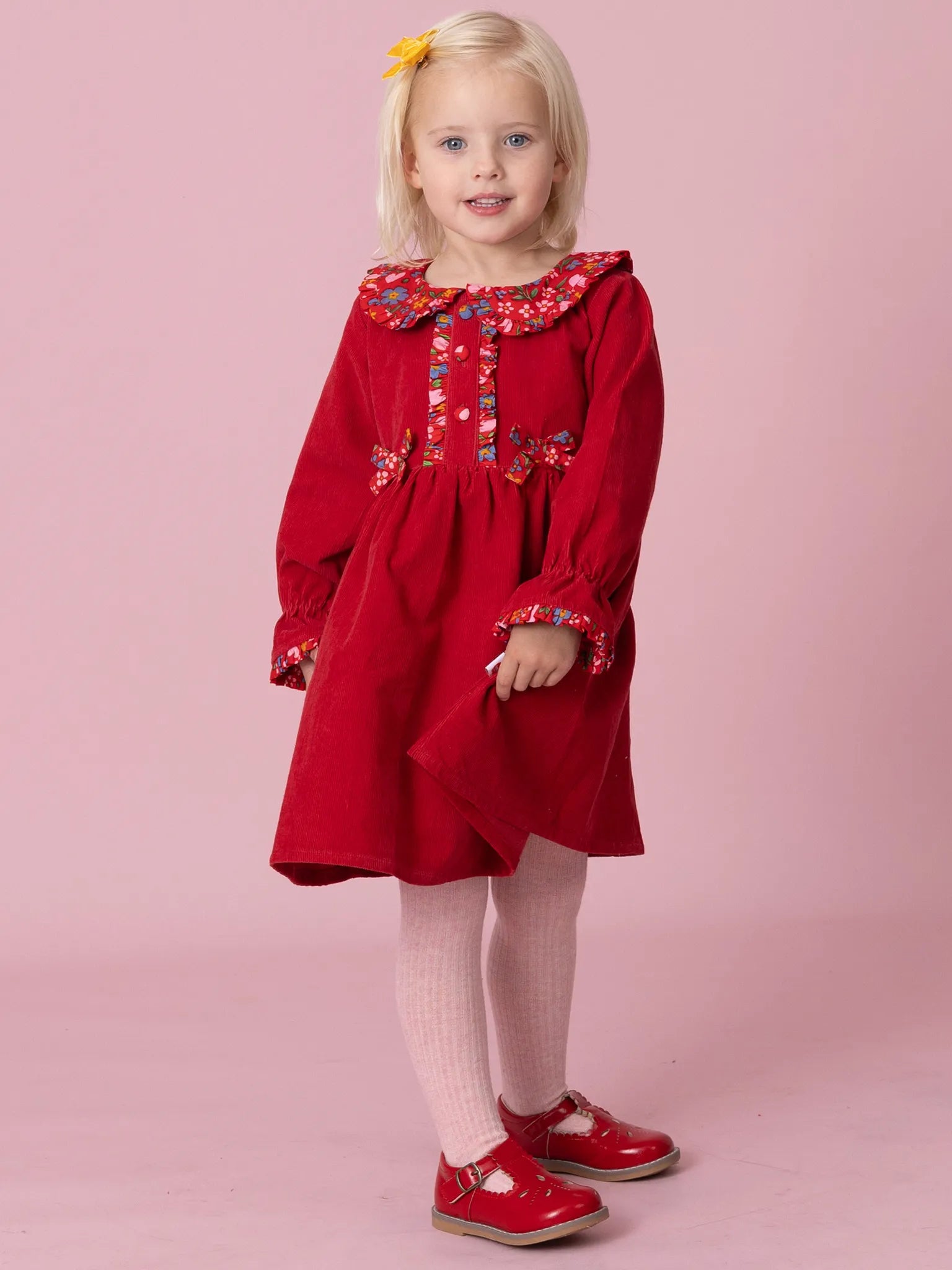 Raspberry Corduroy Dress with Fabric Collar