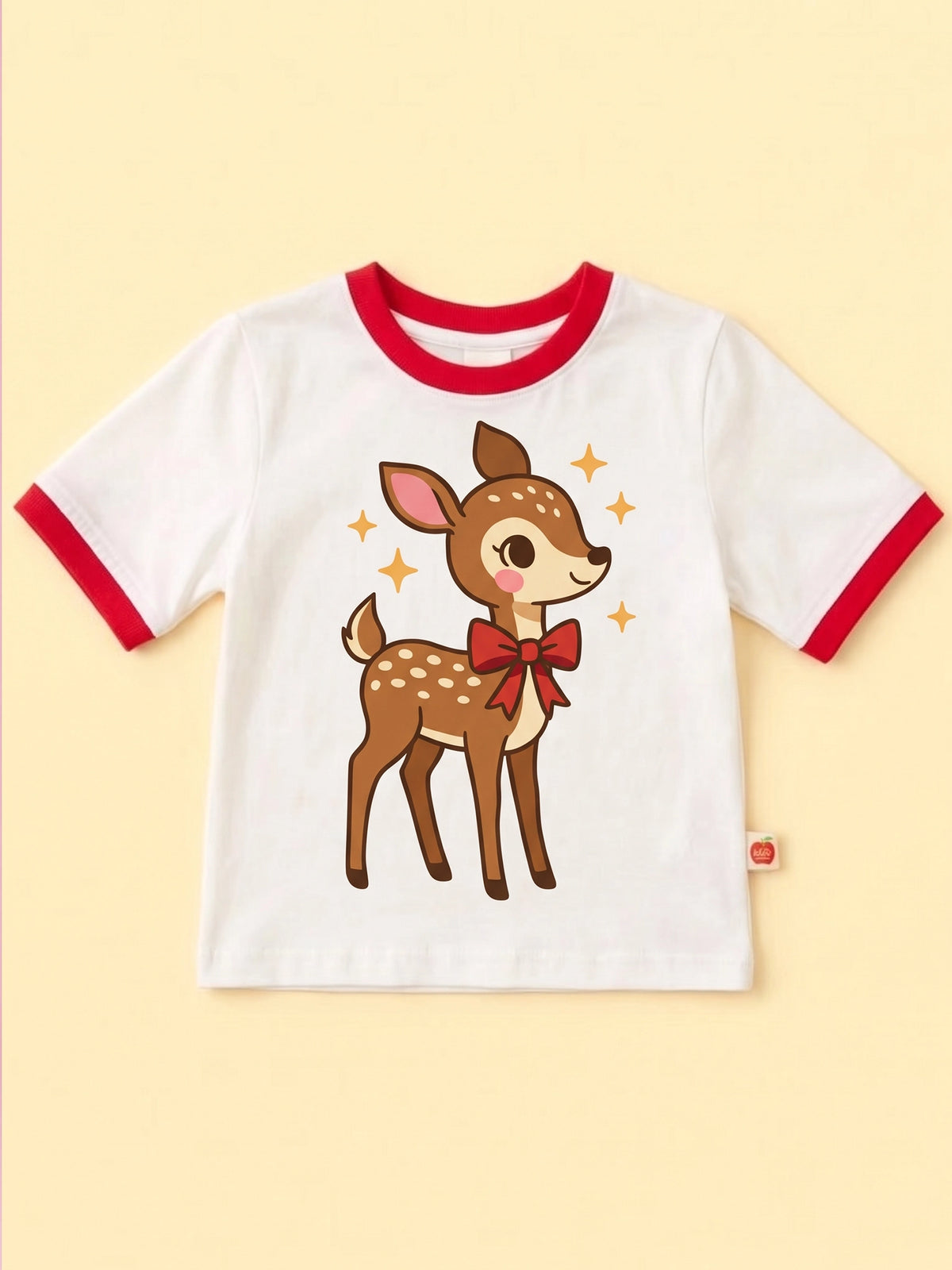 White deer tee with red binding