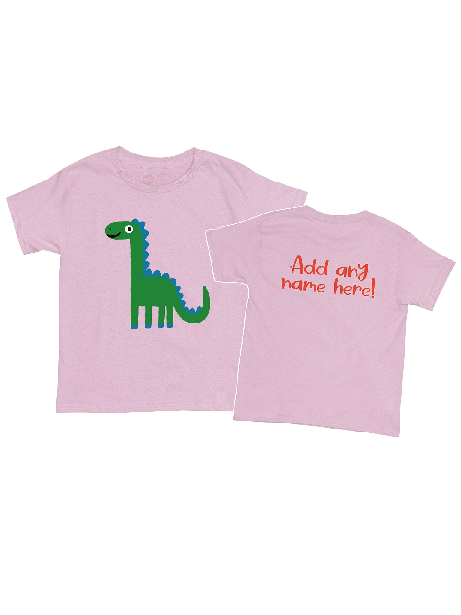 The Essentials Dinosaur Printed Tee is a light pink 100% cotton shirt, hand printed in Australia, featuring a green cartoon dinosaur on the front and "Add any name here!" in red on the back.
