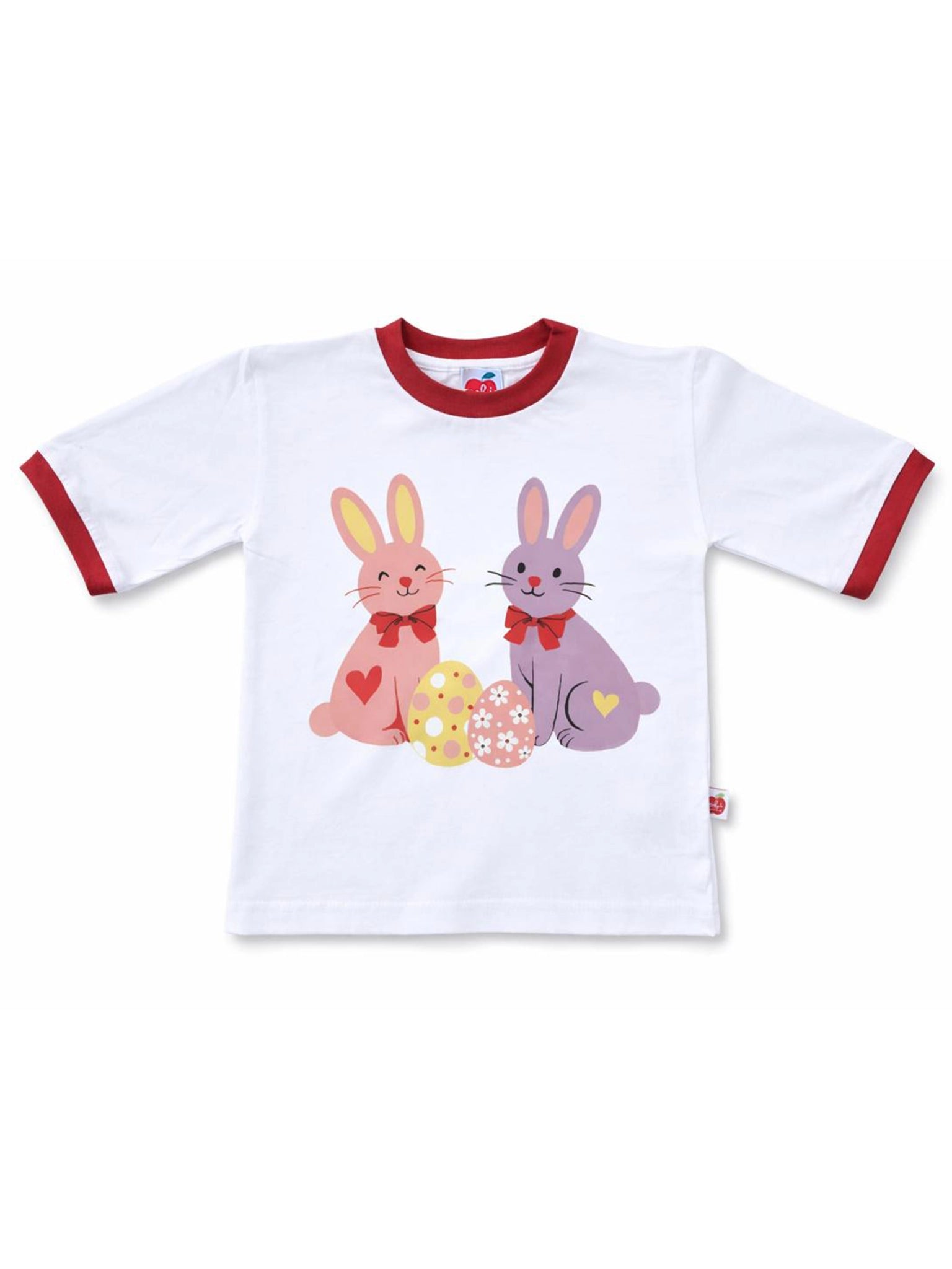 White t-shirt with cartoon bunnies and Easter eggs on a white background