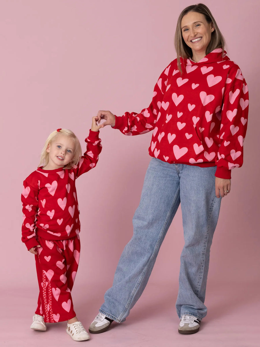 Women's Red Big Heart Fleece Hooded Sweatshirt