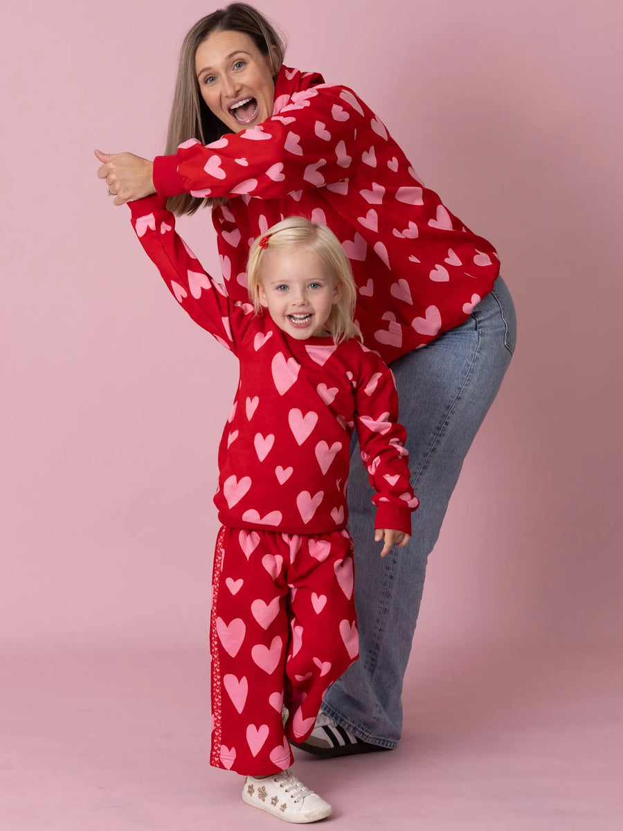 Women's Red Big Heart Fleece Hooded Sweatshirt