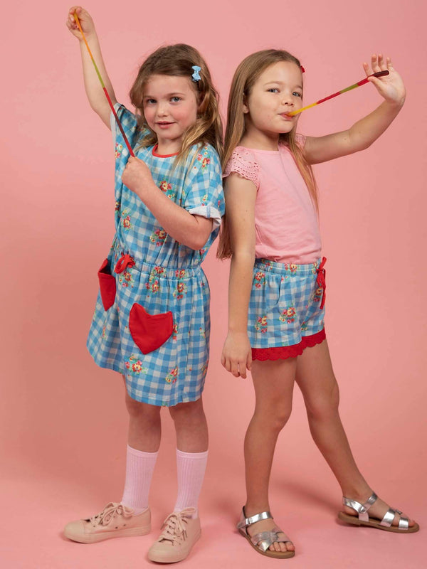 Floral Gingham Jersey & Lace Shorts