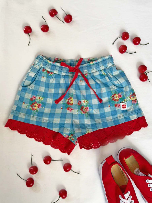 Floral Gingham Jersey & Lace Shorts