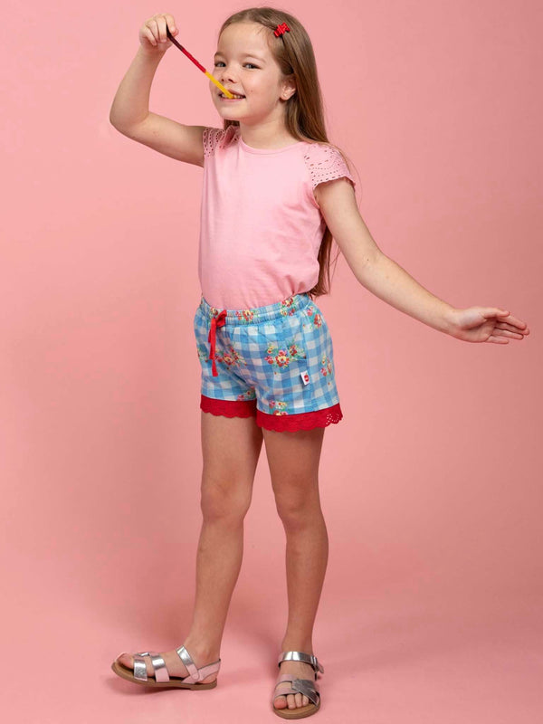Floral Gingham Jersey & Lace Shorts