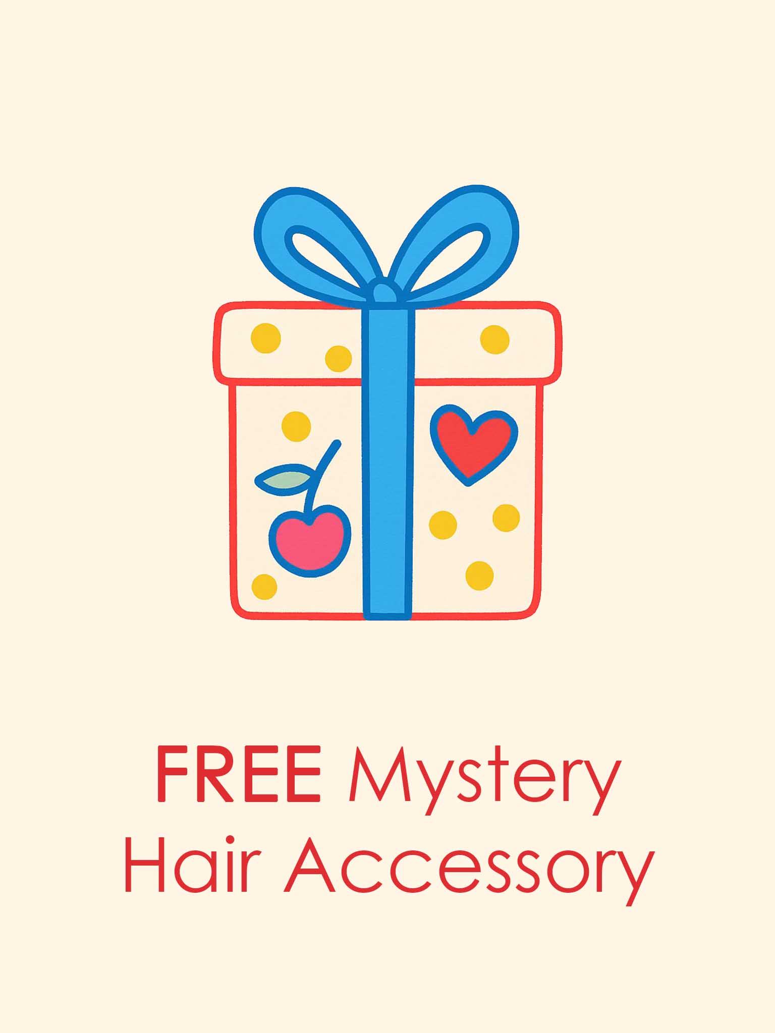 Oobi's Free Mystery Hair Accessory—illustration of a gift box with a bow, heart, and cherry design above the offer text on a light background.