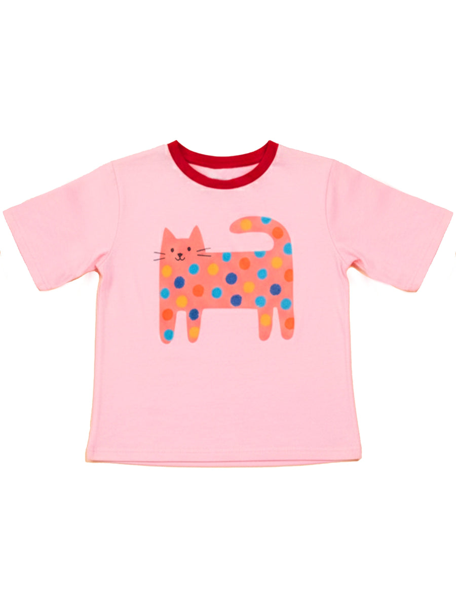 Quirky Cat Pink Tee with Red Binding