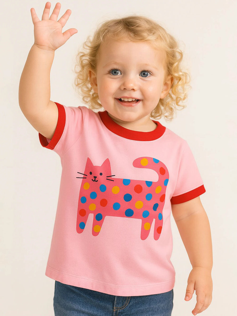 Quirky Cat Pink Tee with Red Binding