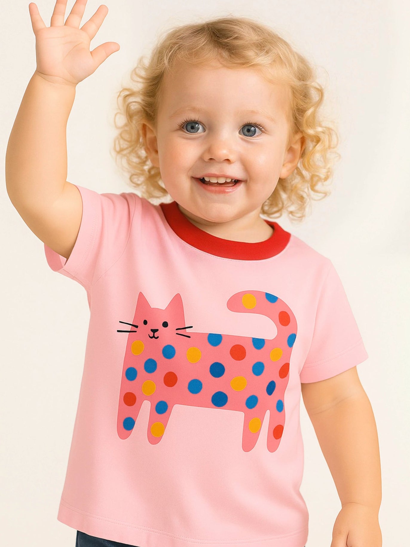 A smiling toddler with curly blonde hair waves while wearing the Essentials Quirky Cat Pink Tee with Red Binding, an oversized 100% cotton top featuring a colorful polka-dotted cat illustration.