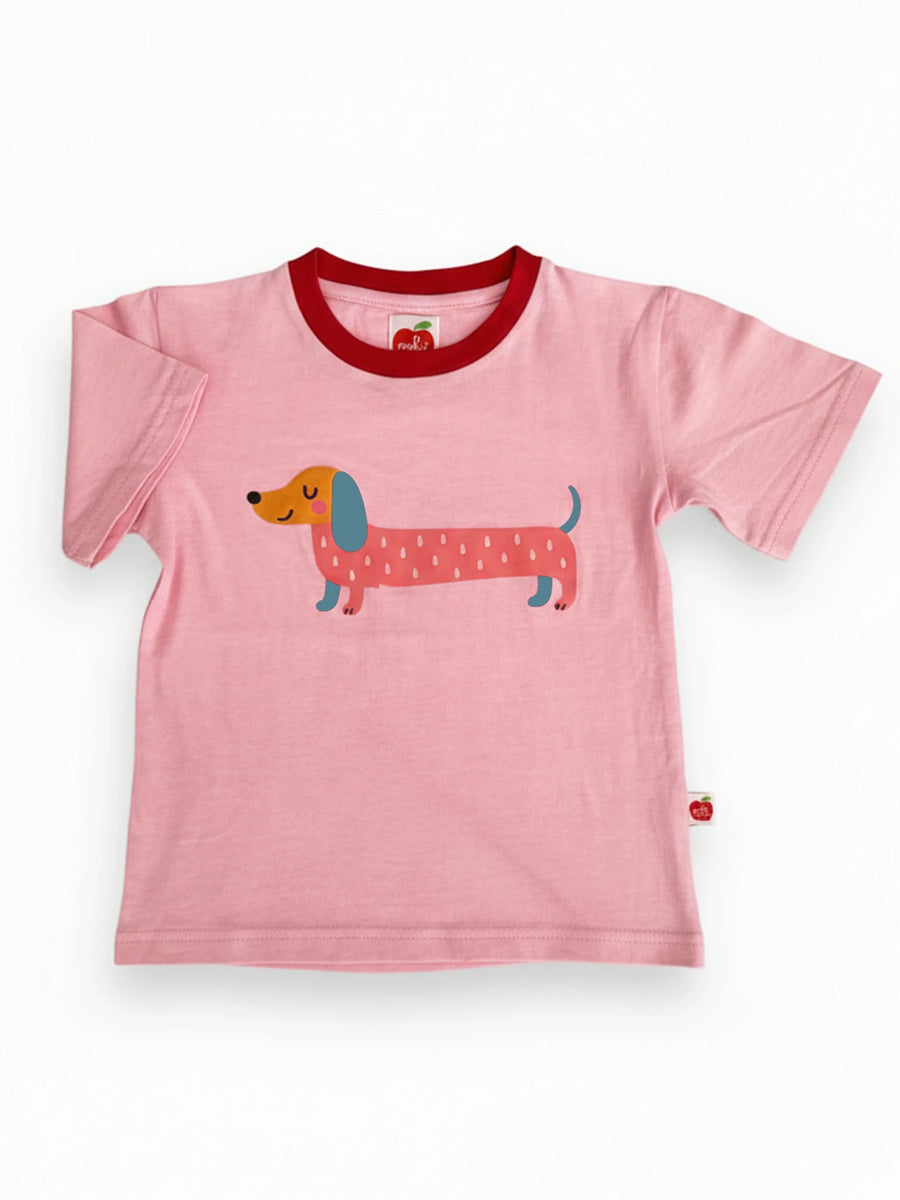 Pink Sausage Dog Tee with Red Binding