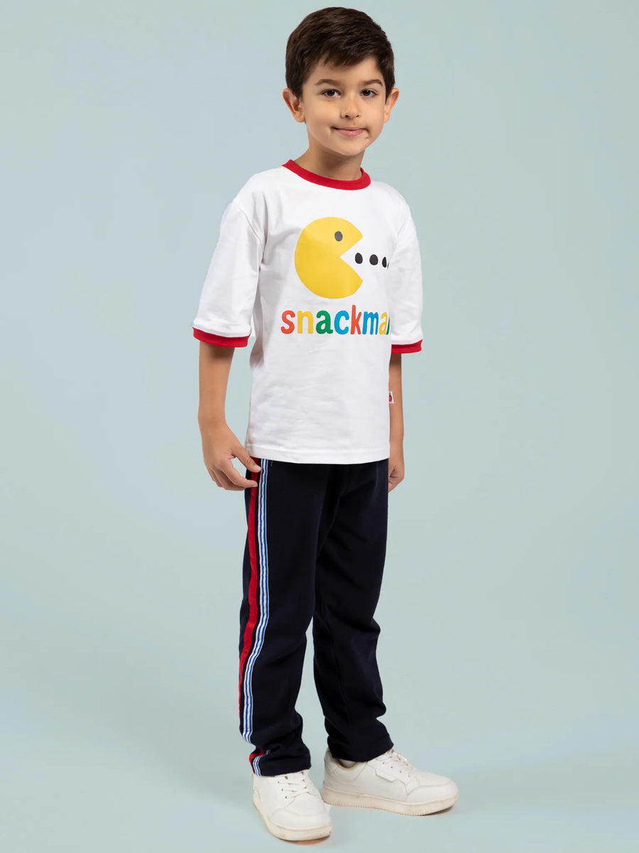 Snackman White Jersey Tee with Red Binding
