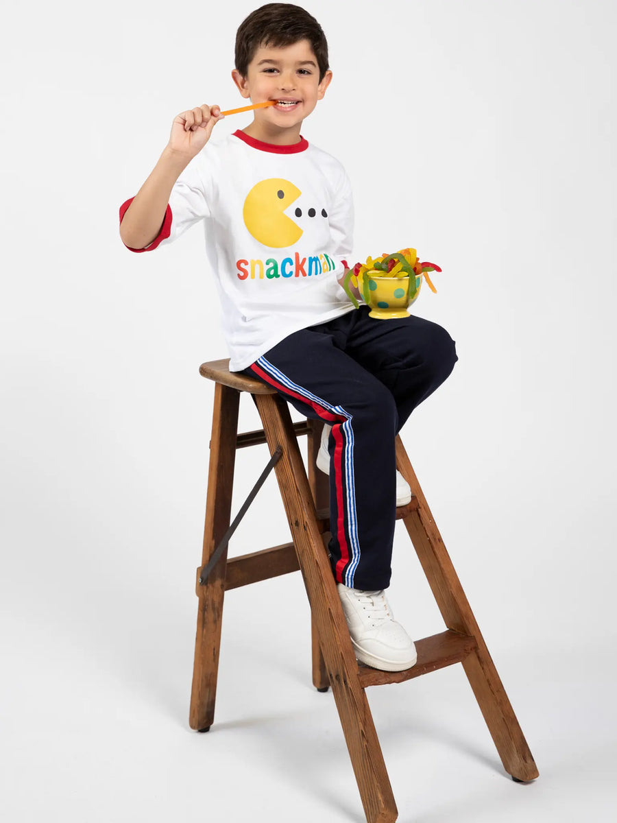 Snackman White Jersey Tee with Red Binding