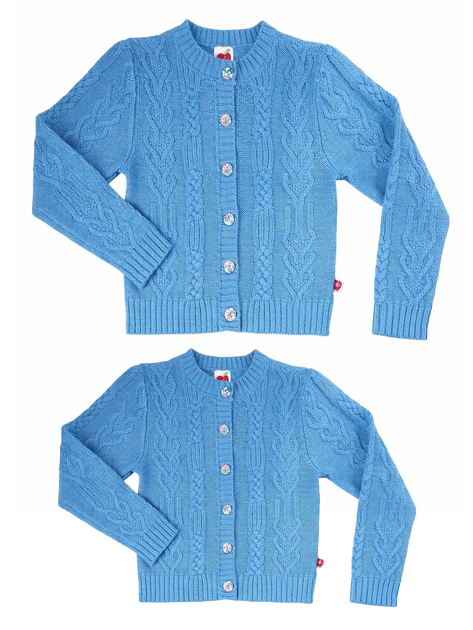 Two blue mum and me matching cardigans on a white background