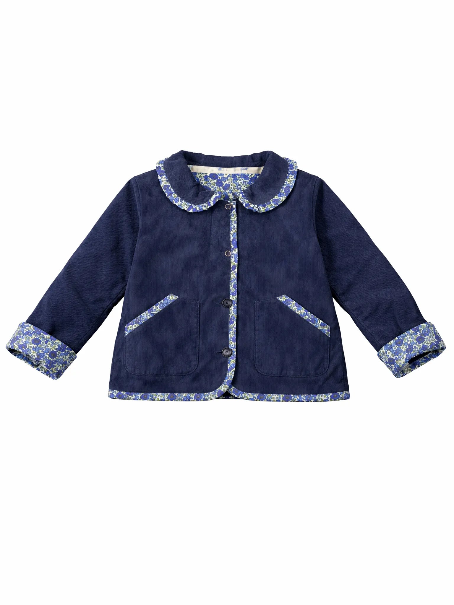 Navy blue children's jacket with floral cuffs and collar on a white background