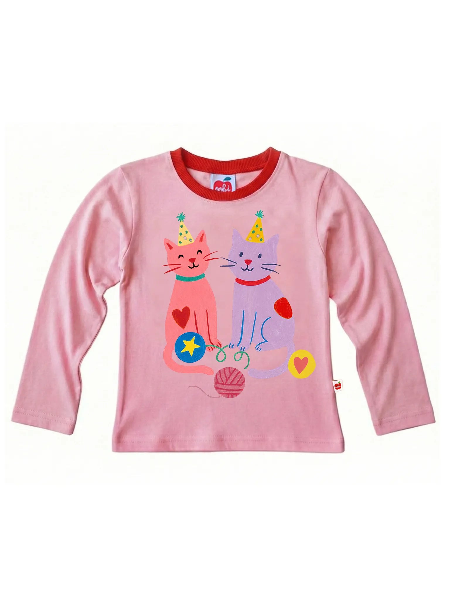 Pink long-sleeve shirt with cartoon cats design on a white background