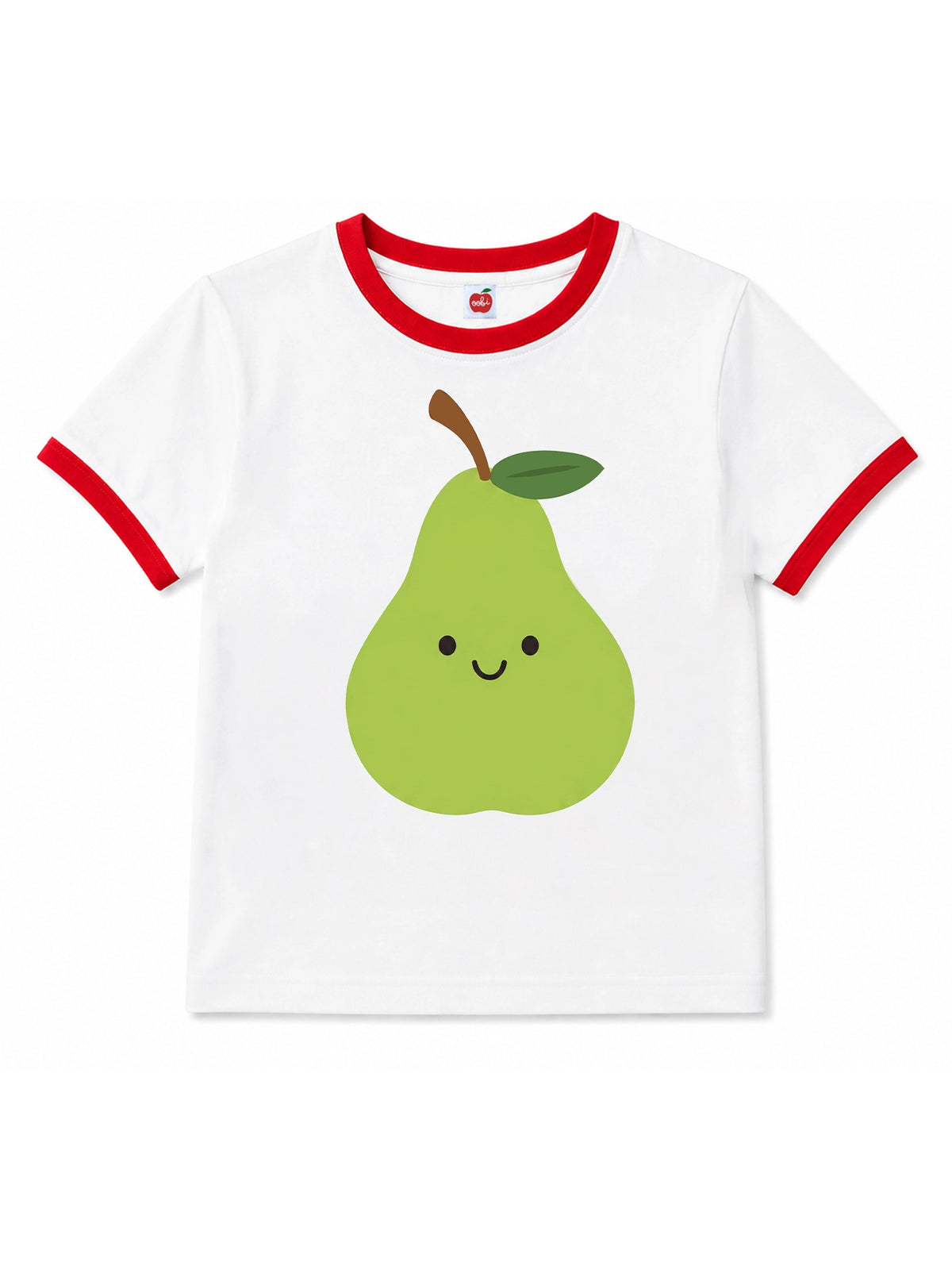 A white ringer t-shirt with red trim on the collar and sleeve cuffs, featuring a cute green cartoon pear graphic on the front.