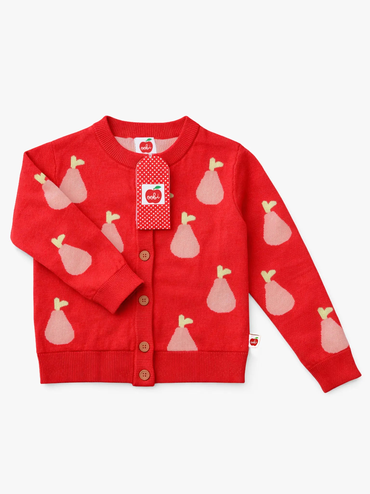 Red children's cardigan with pear pattern on a white background