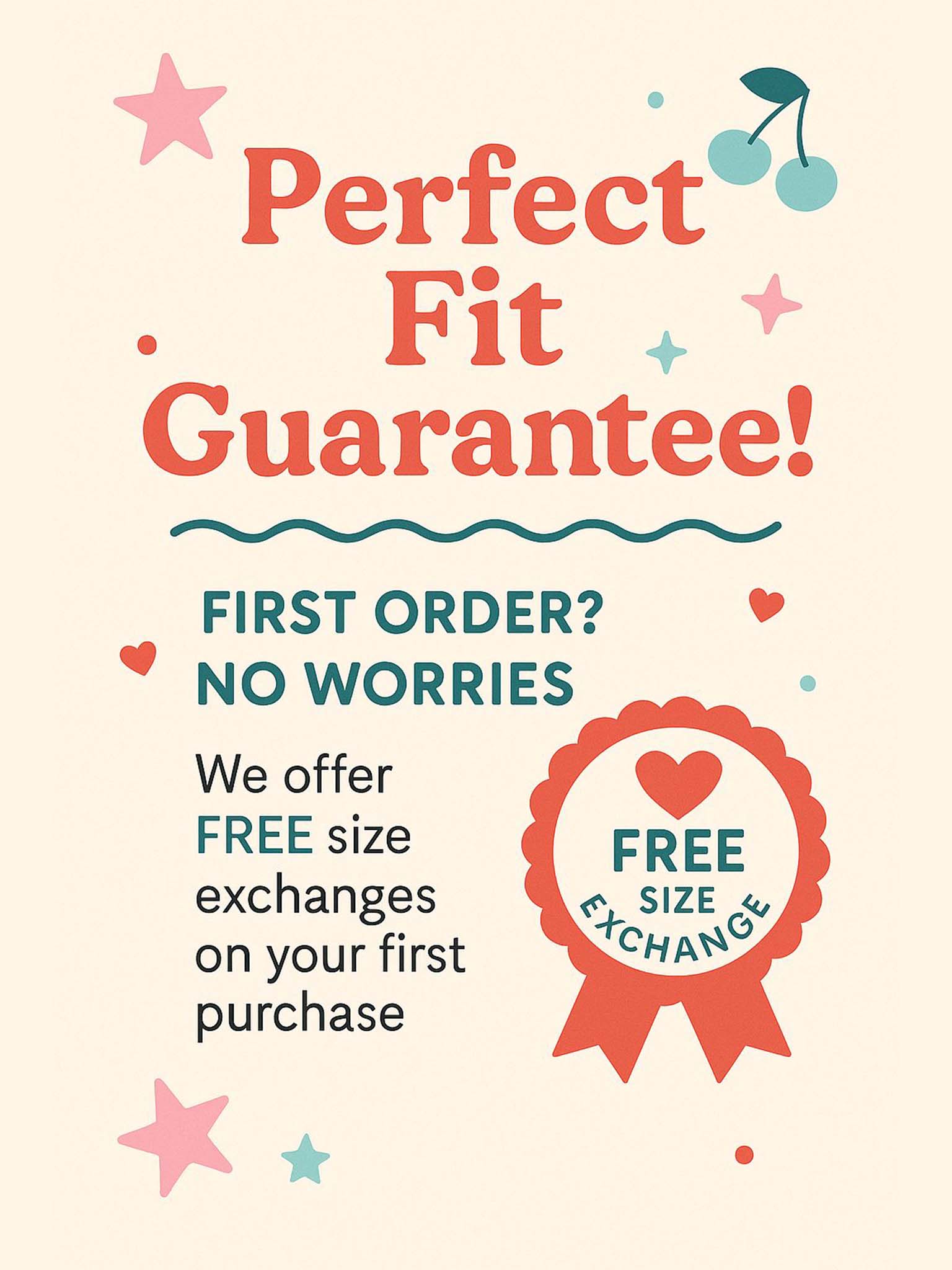 Oobi’s Perfect Fit Guarantee: Free size exchanges on your first purchase! Decorated with stars, hearts, and a cherry illustration.
