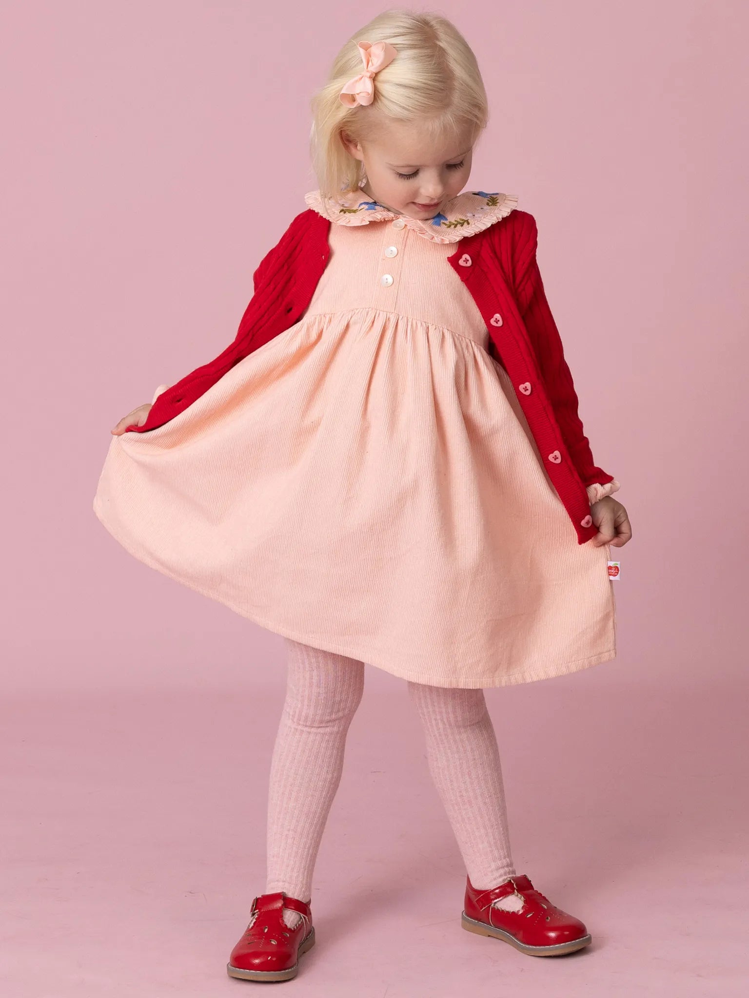 Pink Cord Coat Dress with Birds Embroidery