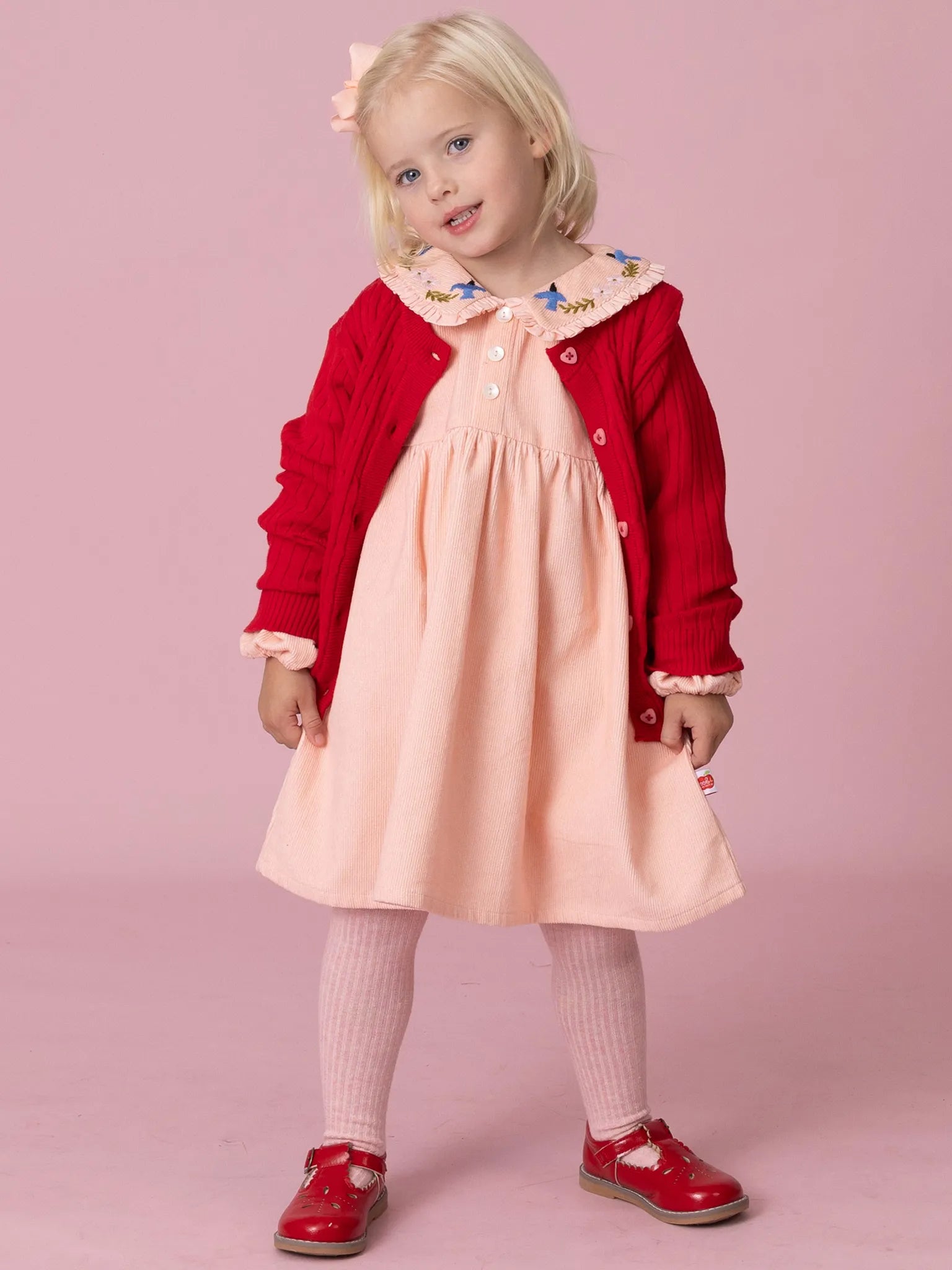 Pink Cord Coat Dress with Birds Embroidery