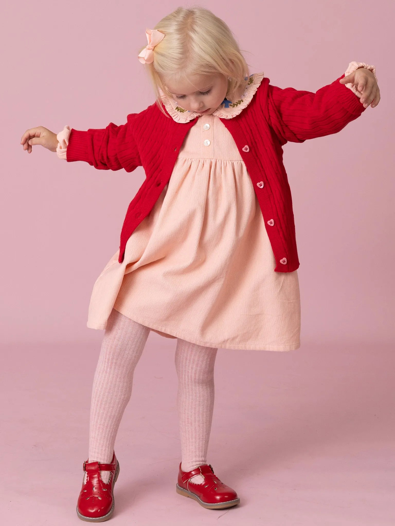 Pink Cord Coat Dress with Birds Embroidery