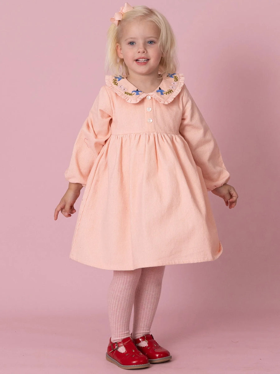 Pink Cord Coat Dress with Birds Embroidery