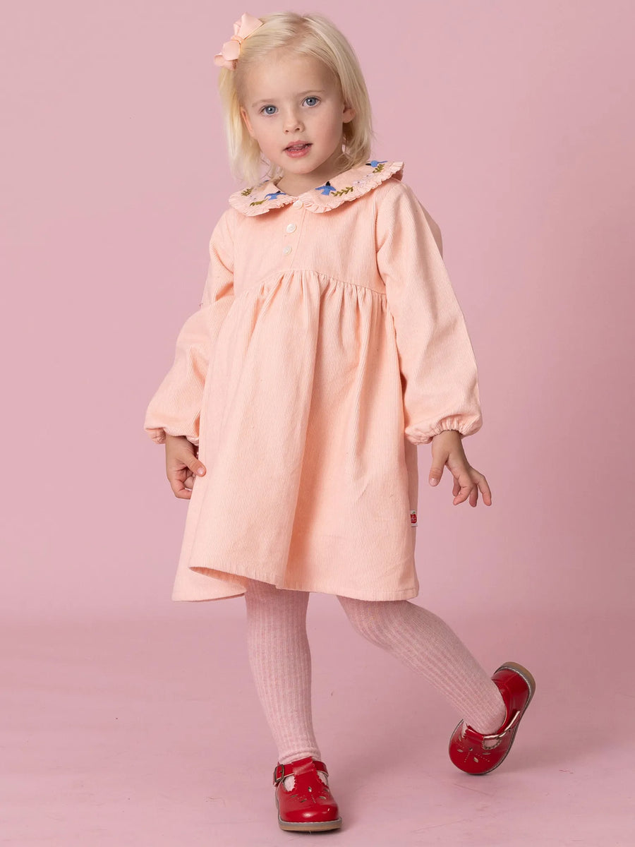 Pink Cord Coat Dress with Birds Embroidery