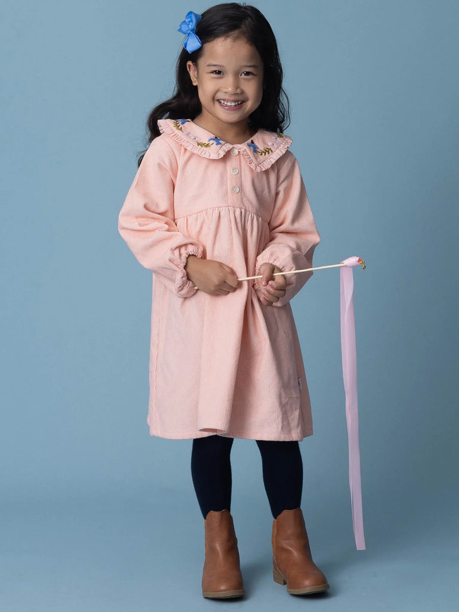 Pink Cord Coat Dress with Birds Embroidery