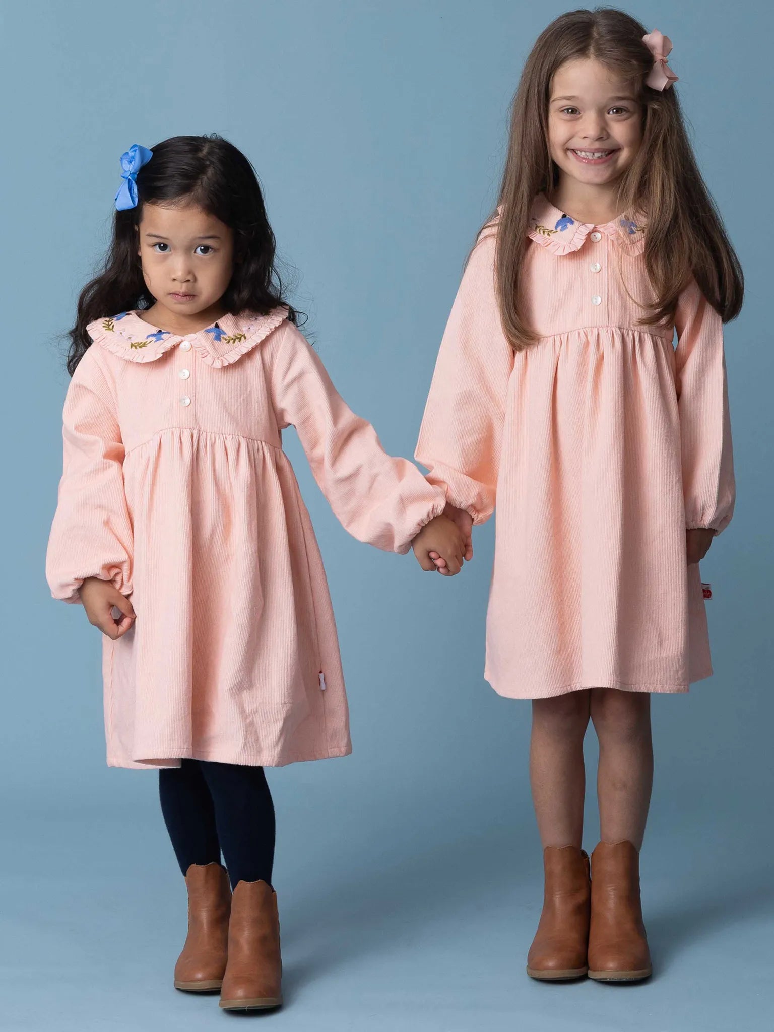 Pink Cord Coat Dress with Birds Embroidery