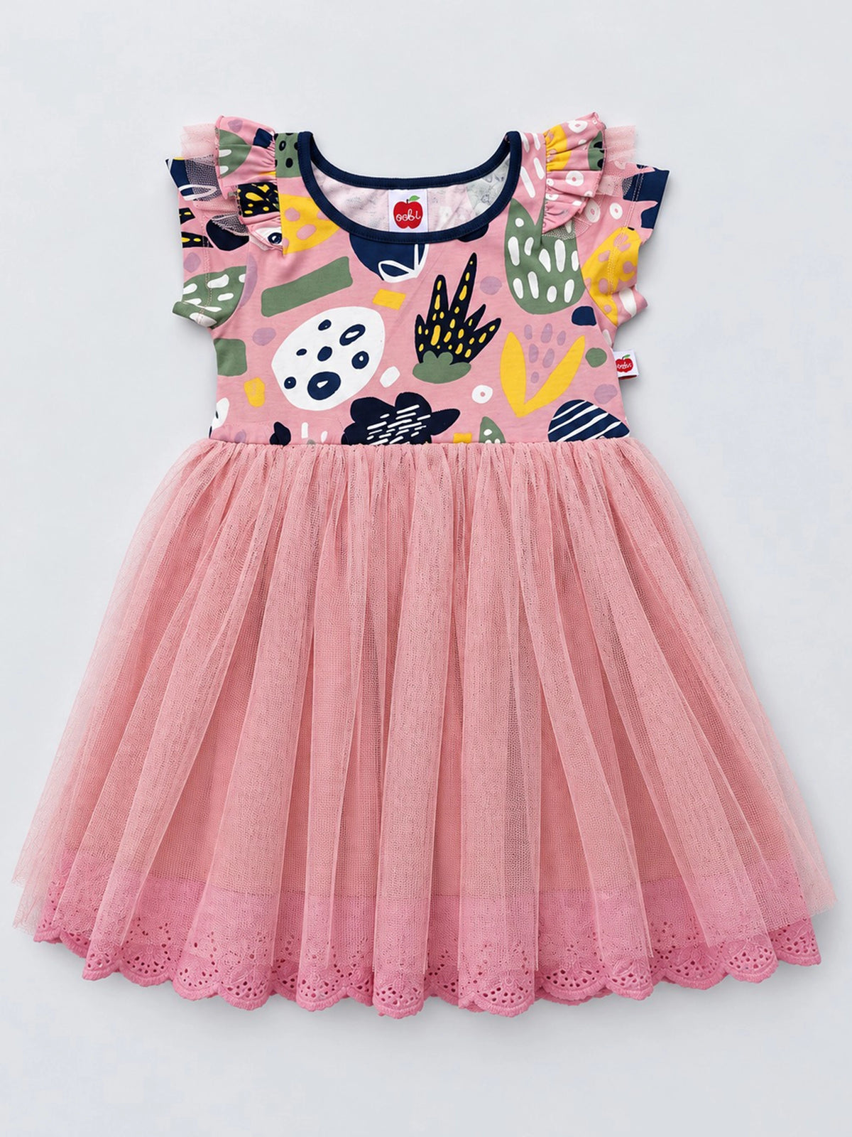 Pink Jungle Claudia tutu dress flat lay, jungle print cotton bodice with pink tulle skirt