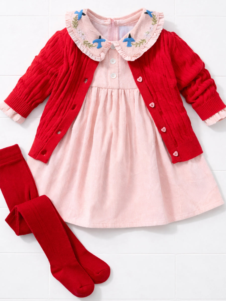 Pink Cord Coat Dress with Birds Embroidery