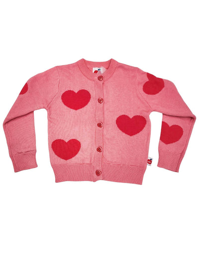 Pink children's Light and Dark Pink Heart Maxine Cardigan with red heart patterns by Knitwear.