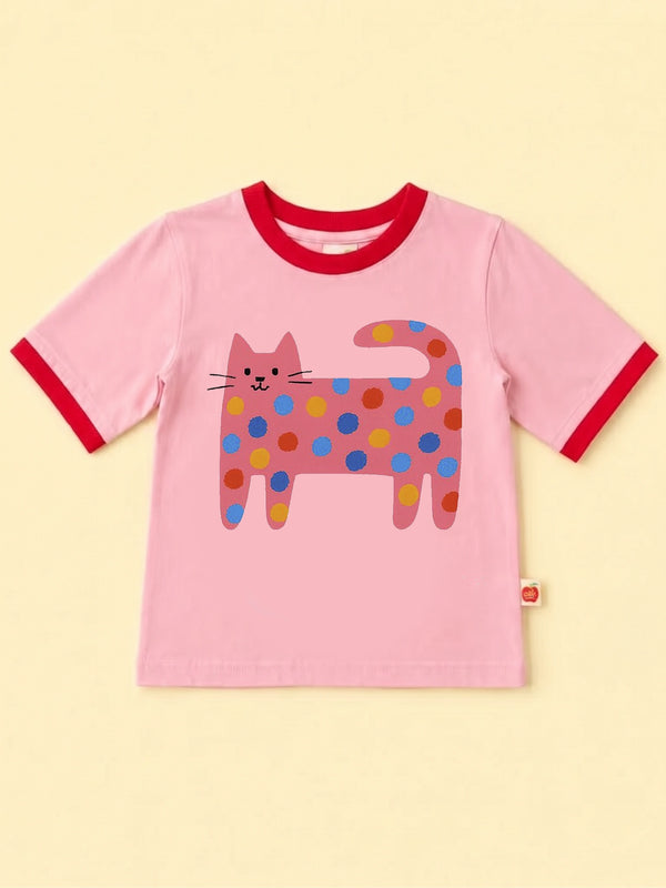 Quirky Cat Pink Tee with Red Binding