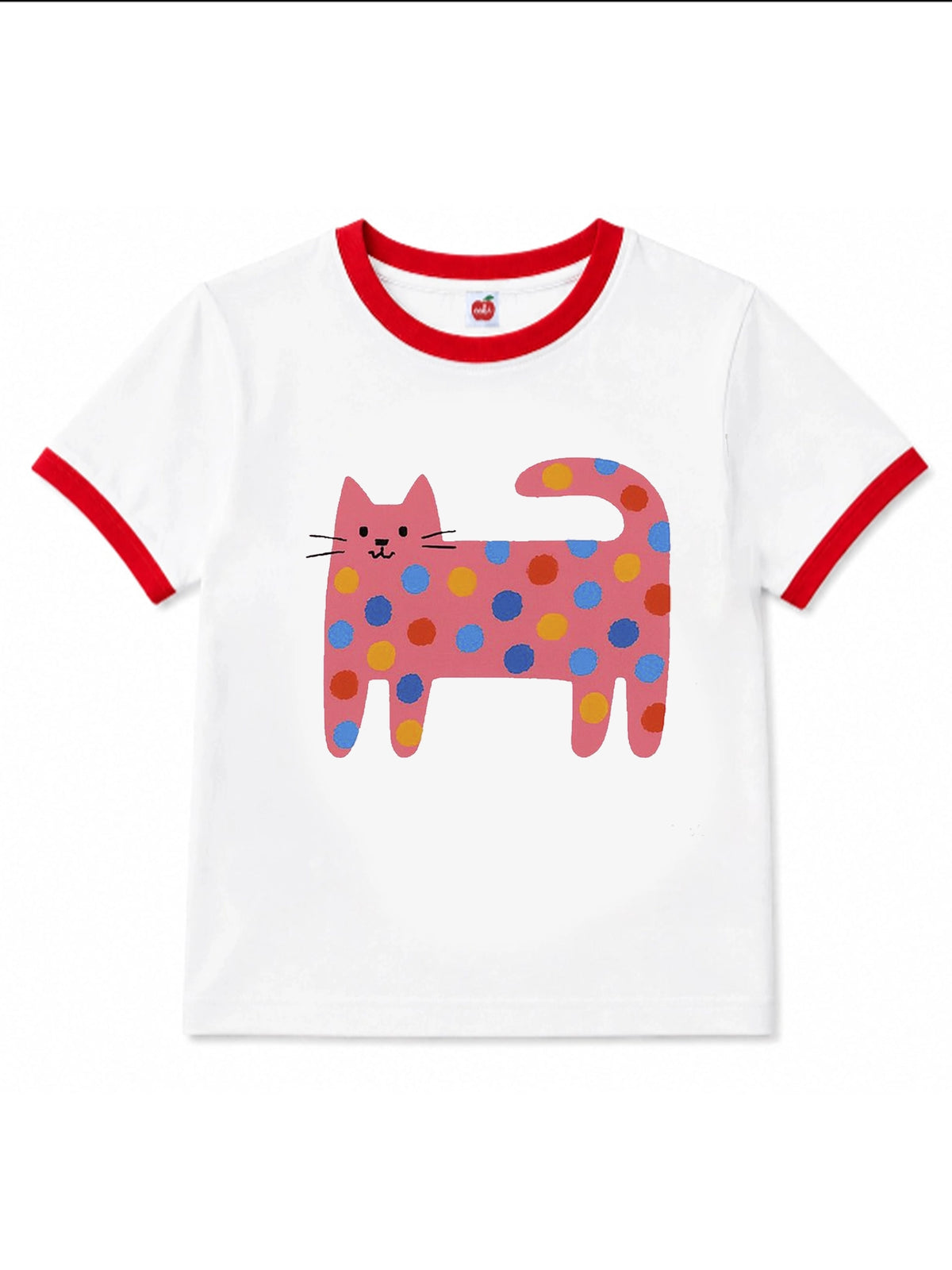 White Quirky Cat tee with red binding: a long cat covered in rainbow spots