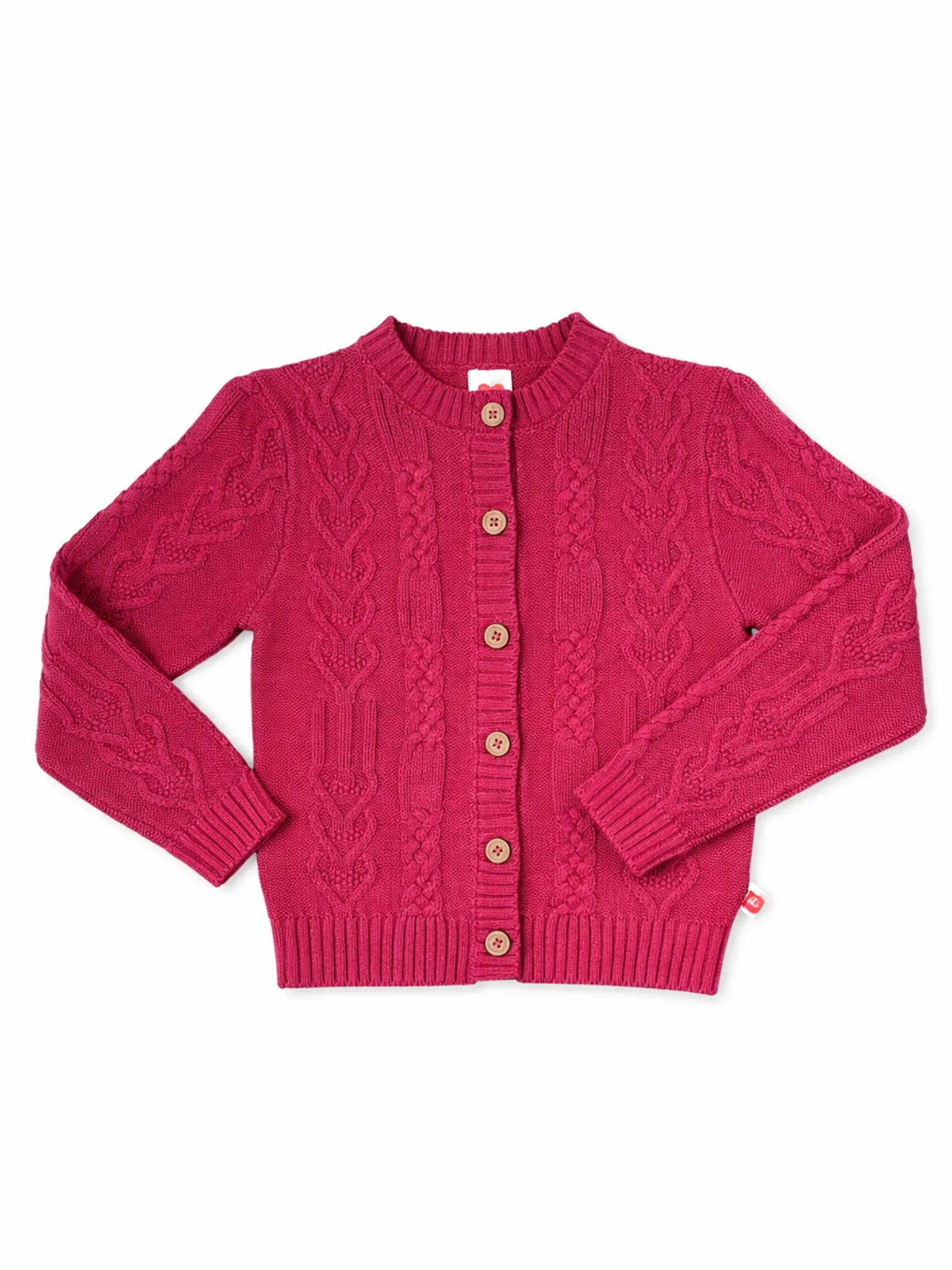 Red knitted cardigan with button details on a white background