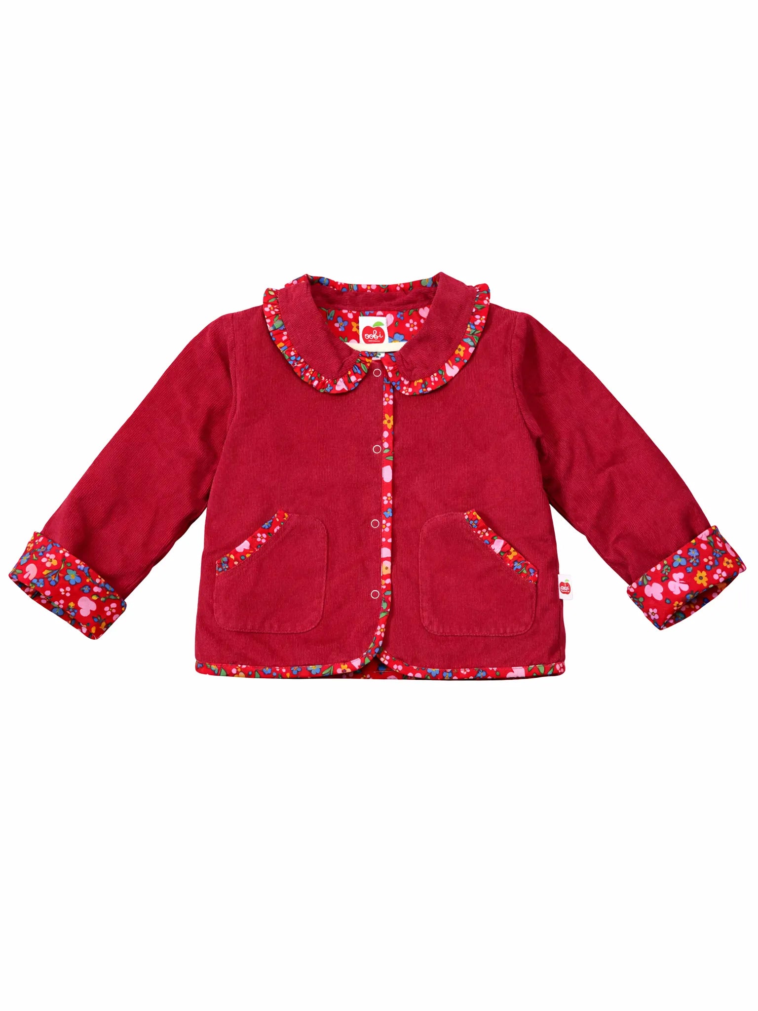 Red children's jacket with floral cuffs and collar on a white background
