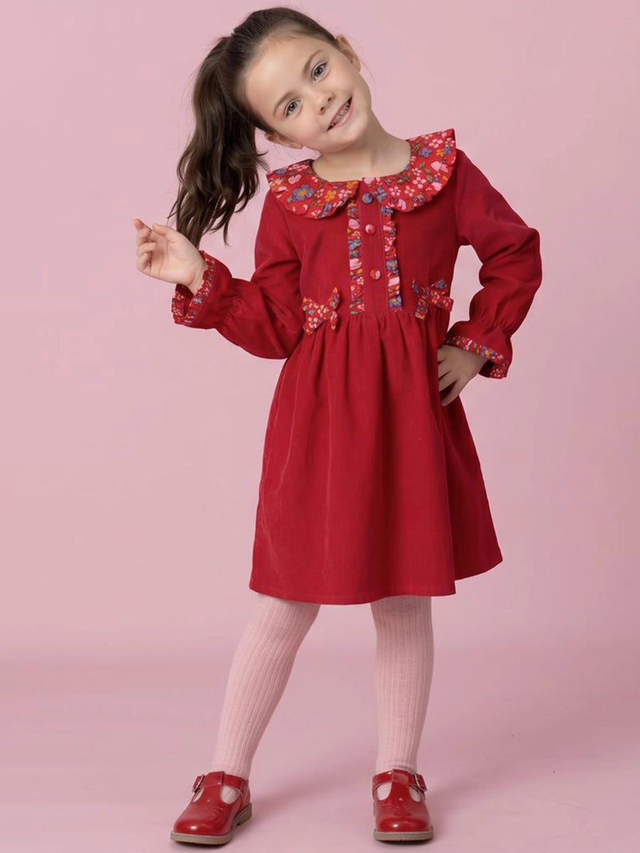 Raspberry Corduroy Dress with Fabric Collar