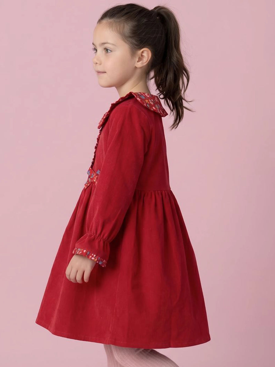 Raspberry Corduroy Dress with Fabric Collar