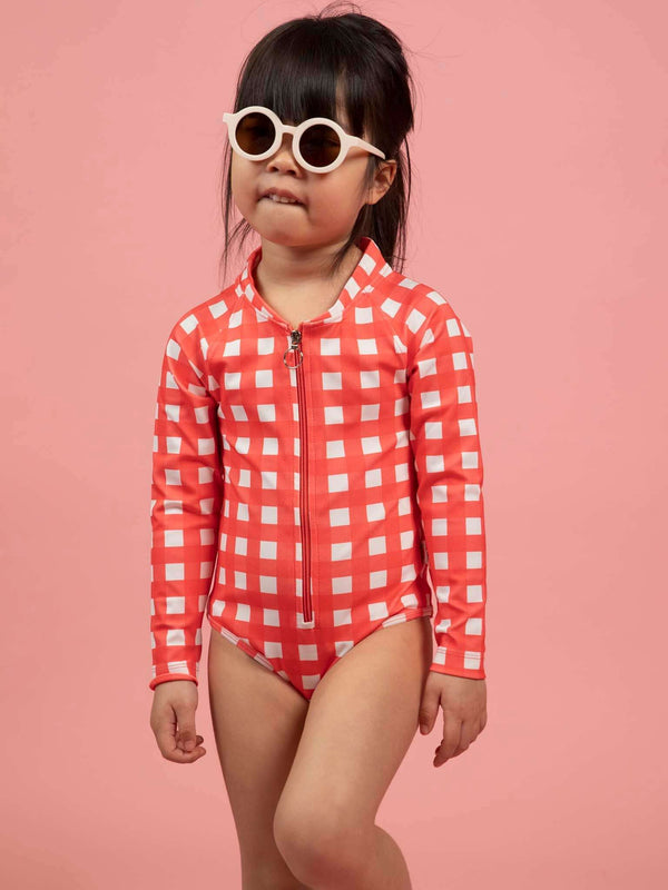 Red Gingham UPF 50+ Long Sleeve Swimsuit