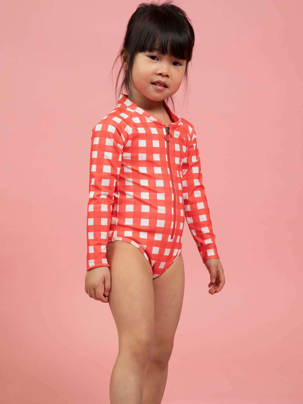 Red Gingham UPF 50+ Long Sleeve Swimsuit