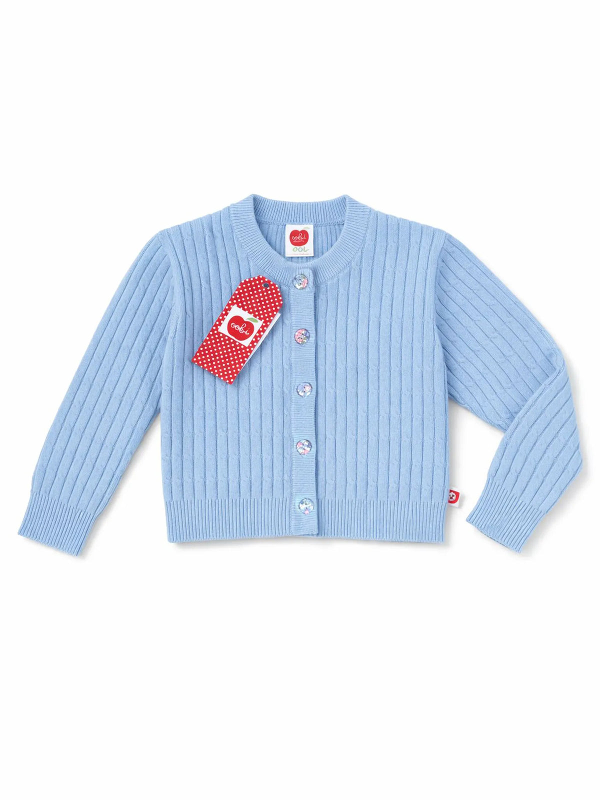 Light blue baby cardigan with a red and white tag on a white background